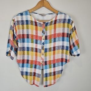 Lucky Brand Multicolor Cropped Plaid Button Up Tie Up Shirt Crop Top Blouse 0014